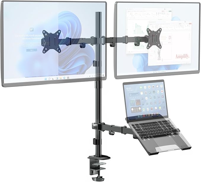 Dual Monitor Stand and Laptop Mount, Fits 32" Monitor & 15" Laptops | Extra Tall Adjustable Stand Holds 19.8 lbs per Arm, Sturdy C-clamp/Grommet Base, Egonomic Setup for Home Office,Black by IMtKotW