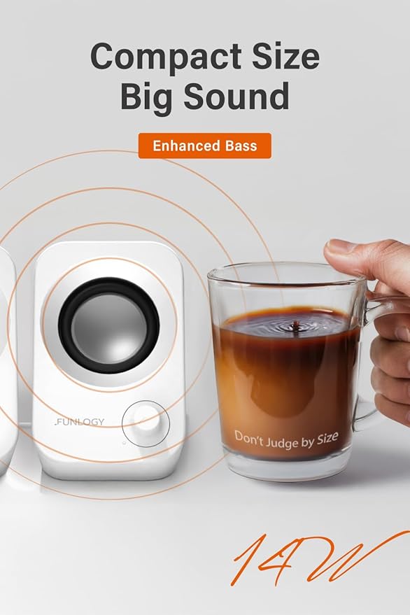 FUNLOGY Speaker - 14W Stereo PC Speakers, USB Powered, Compact Size with 30° Tilt Design, Volume Dial Control, for Desktop, Laptop, Monitor, Gaming Consoles, White - Image 3