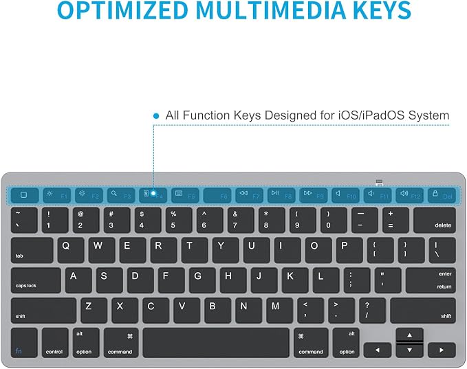OMOTON Ultra-Slim Bluetooth Keyboard for iPad,iPad Pro/Air/Mini,iPhone | Stable Wireless iOS Keyboard with 12 Multimedia Keys, Portable Size for Office, Business, Travel, School, Black Grey - Image 4