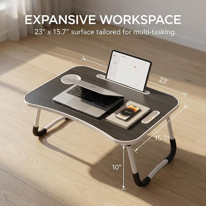 BUYIFY 23" Foldable Lap Desk for Laptop Writing w/Cup Holder Black | Sturdy and Durable, Laptop Bed Desk with Tablet Slot, No Assembly, Space Saving for Bed Couch Dorm WFH Students - Image 3
