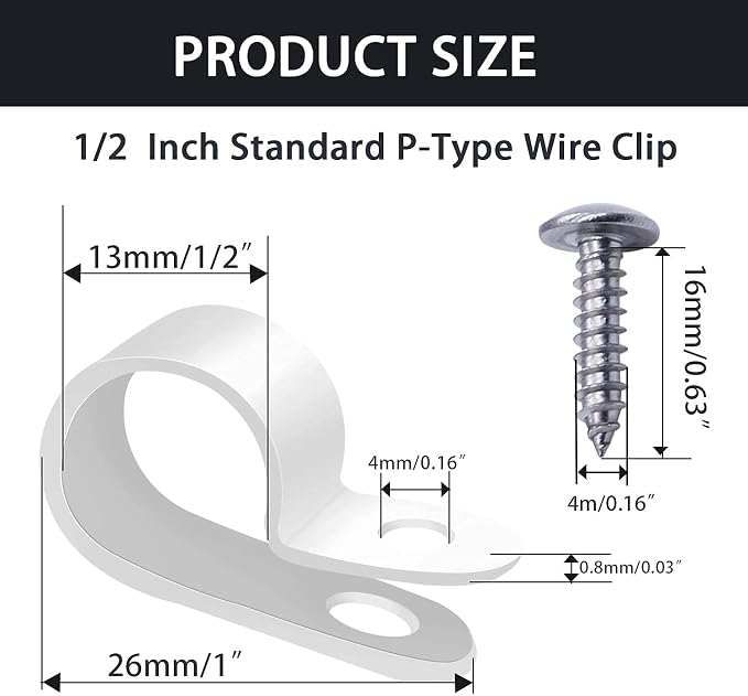 mankk 50PCS 1/2 Inch Rope Light Clips P-Style Mounting Clips Plastic Cable Clamps with Compatible Stainless Steel Pan Head Phillips Screws for Wire Management M-030-W-LS - Image 4