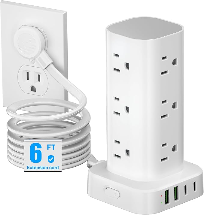 Tower Power Strips with Surge Protection, 6FT Flat Extension Cord with Multiple Outlets, 12 AC 4 USB Ports, Overload Protection Charging Station for Office Home Dorm Room Travel (White) by Unknown