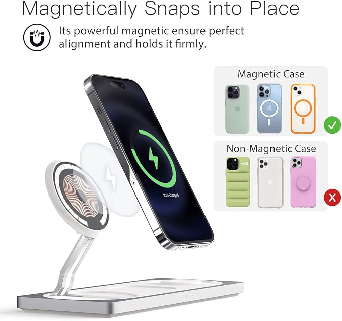 3 in 1 Wireless Charging Station for Apple Devices with MagSafe | For iPhone 17/Air/16/15/14/13/12, AirPods & Apple Watch, Foldable Portable Aluminum Charging Stand, Adapter Included - Image 2