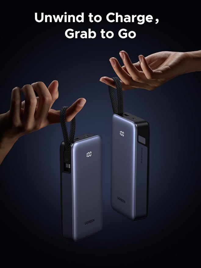 UGREEN Nexode 20000mAh 45W Power Bank, Built-in Cable for iPhone 17 Pro | Built-in USB-C cable, digital display, 3-port. Fast charges for iPhone 17 Pro, S26 Ultra, iPad Pro - Image 4