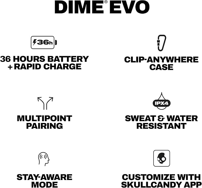 Skullcandy Dime Evo Wireless Earbuds with Clip-Anywhere Case - True Black | In-Ear Fit, Noise Isolating, 36 Hours Battery, Microphone for iPhone Android, Easy Clip-On Design, Travel, Commuting - Image 9
