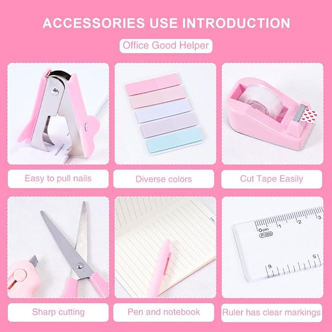 Gawsey Desk Organizers and Accessories with Desk Organizer 360° Rotating Pen Holder and Office Supplies, Cute Stationery Supplies Set (Pink) - Image 5