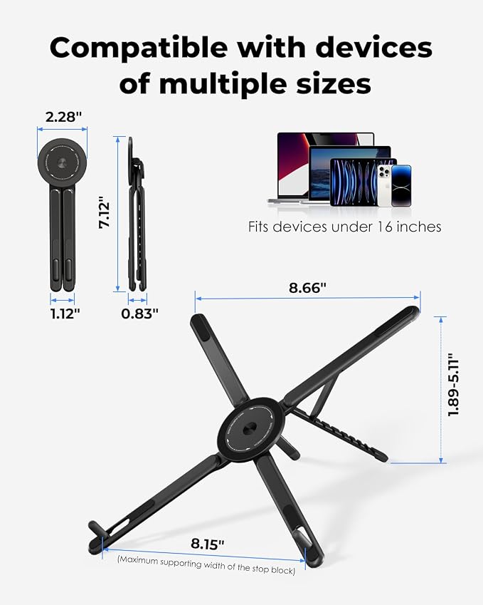 Viozon Portable Laptop Stand for Desk, Foldable Adjustable Computer Riser with Magnetic Phone Holder, Aluminum Laptop Stand for 10–16” Laptops & 4–13” Phones/Tablets (Black) - Image 3
