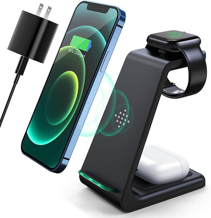 3 in 1 Wireless Charging Station, 2026 Upgraded Fast Desk Charger Station for iPhone 17 16 15 14 13 12 Pro Max Plus, Charger Stand for Apple Watch 10 9 8 7 6 5 4 3 2 SE, Airpods 4 3 2 Pro(Black) by LABJOB