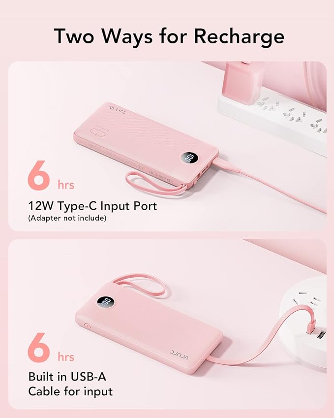 VRURC Portable Charger Power Bank, Built-in 4 Cables & 2 Ports 10000mAh | LED Display Slim Battery Pack,Compact Travel Essential Portable Phone Charger 5 Output for Multi Devices,Student/Teens(1Pack) - Image 6