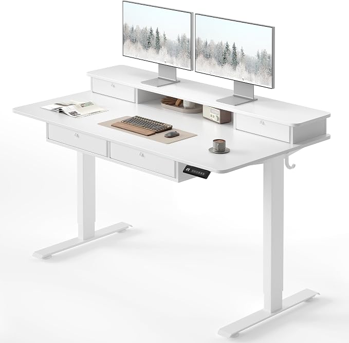 CubiCubi 48" x 24" Standing Electric Desk with Drawers, Warm White | Height Adjustable Workstation, Computer Sit Stand Up Office Table with Large Storage Shelf, 4 Drawers and 2 Hooks by CubiCubi