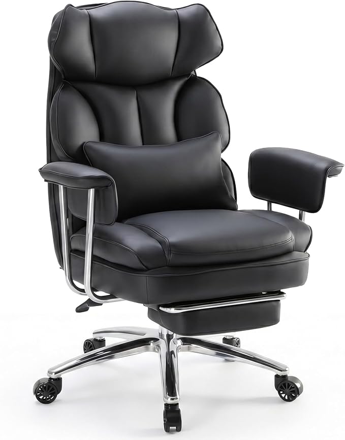 DUMOS Ergonomic Home Office Desk Chair, Executive Chair, PU Leather | Big Tall High Back, Lumbar Support, Reclining Height Adjustable, Computer Gaming, Footrest Swivel Wheels, Black - Image 3