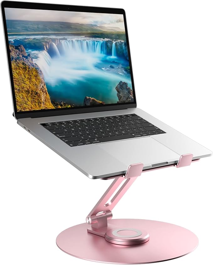 Swivel Laptop Stand for Desk, Adjustable Height Aluminum Computer Stand with 360 Rotating Base, Foldable Ergonomic Riser, Portable Laptop Holder Compatible with MacBook, All Laptops 10-17'', Pink by Epherie