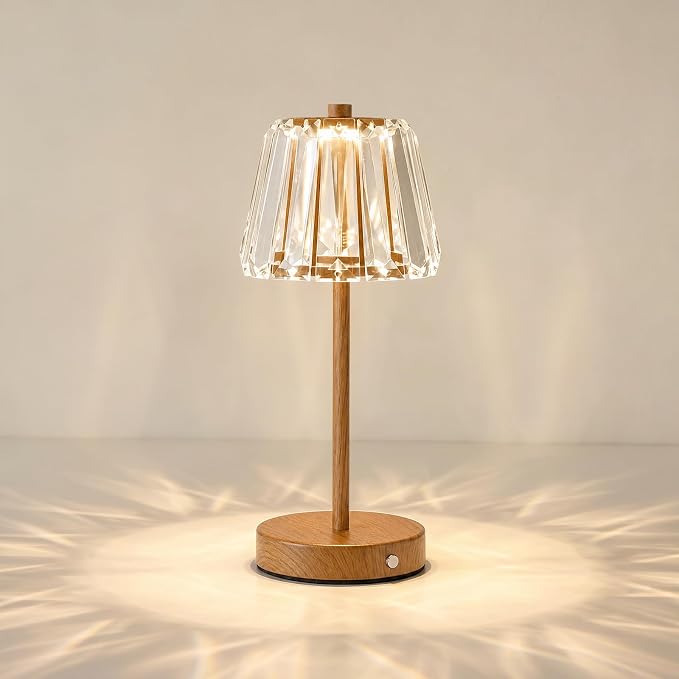 13" Small Crystal Cordless Table Lamp, Touch Rechargeable Desk Lamps | 3 Color Temps, Stepless Dimming, Wood Grain Portable Battery Operated LED Desk Lamps for Bedside, Nightstand, Kitchen, Patio by Oneach