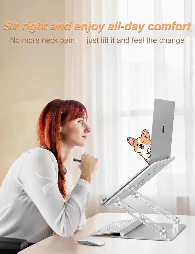 Aoviho Aluminum Laptop Stand for Desk Fit for All 10"-17.3" Laptops, Silver | Height-adjustable Notebook Holder, Ergonomic Computer Riser with Unique Puppy Cooling Vent, for Mac, Dell, Lenovo, HP - Image 5
