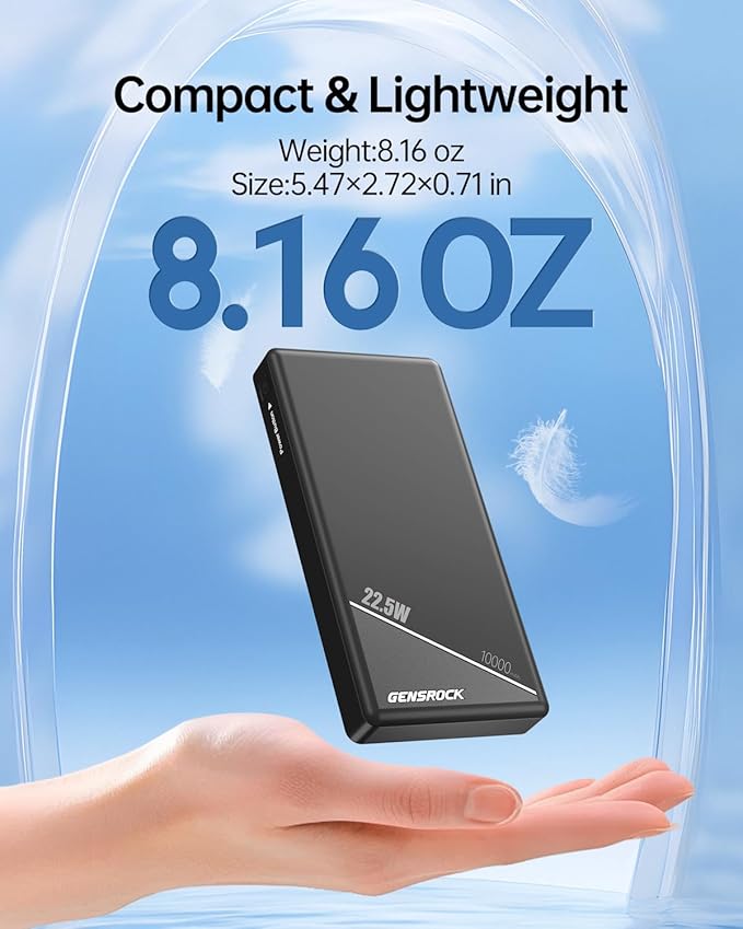 GENSROCK 5V 2A/3A Portable Power Bank 10000mAh, Slim Travel Power Bank | Dual USB | PD 22.5W Fast Charging | LED Display | Slim | Travel | Compatible with iPhone and Android | Flight-Safe | Black - Image 3