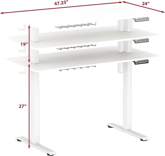 SHW 48-Inch Electric Height Adjustable Sit to Stand Desk, White | with Hanging Hooks and Cable Management, White Frame and White Top - Image 3