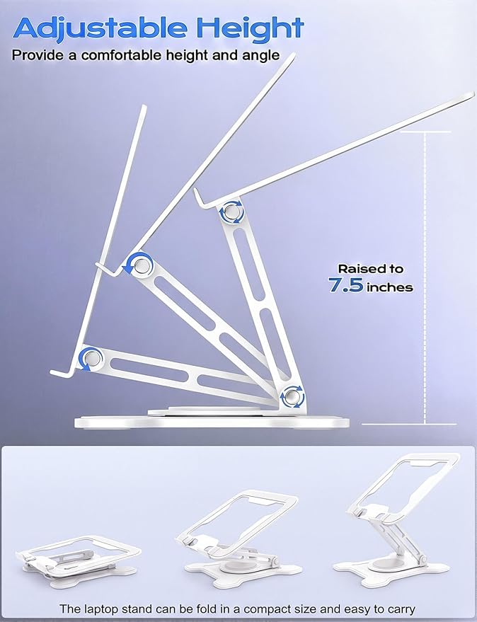 JCZT 360° Rotating Laptop Stand for Desk, Metal Foldable Laptop Riser White | Ergonomic Portable Adjustable Laptop Stand, Ventilated Cooling Notebook Holder for MacBook Air Pro, All 10-16'' Laptops - Image 4