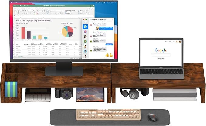 Wood Dual Monitor Stand Riser for Desk, 30" Long Monitor Riser with Pen Holders, Desktop Storage Organizer for 2 Monitors, Computer, Laptop, PC, Printer, TV, Rustic Brown (Dual) by HUACZ