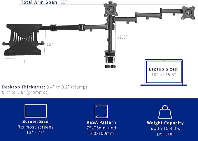 VIVO Dual Monitor + Laptop Mount for 13 to 27 inch Screens and 10 to 15.6 inch Laptops, Triple Screen Viewing, Articulating Arms, Black, STAND-V013L - Image 3