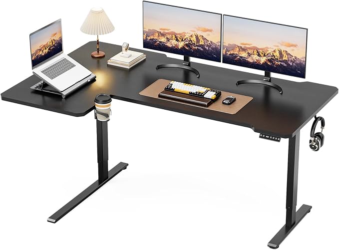 L Shaped Electric Standing Desk - 71x43.5 Inch Reversible Corner Sit Stand Desk with Hook&Cup Holder,Electric Height Adjustable Table,for Home Office Gaming&Trading Computer Desk, Black by Acrolix
