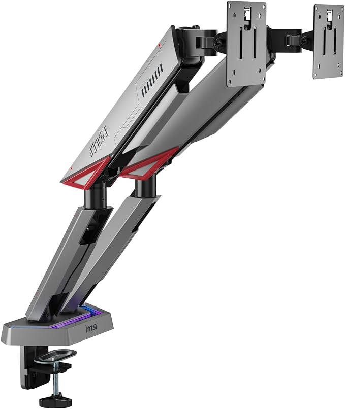 MSI MPG MT161DR - Premium RGB Dual Monitor Stand Arms, 17-38" Support, VESA Compatible, Adjustable Spring Assisted Mount, 35.2 lbs per Screen Capacity, Clamp & Grommet, Quick Release Plate - Black by Unknown