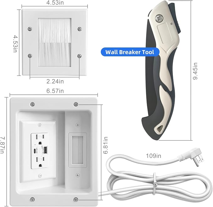 in-Wall Cable Management Kit TV Cord Hider for Wall Dual USB A&C | Hide TV Cords for Wall Mounted TV, USB-A/C Ports, 9ft Cord & Hole Saw Cutter for Home Theater Setup TV Outlet Wall Kit - Image 2