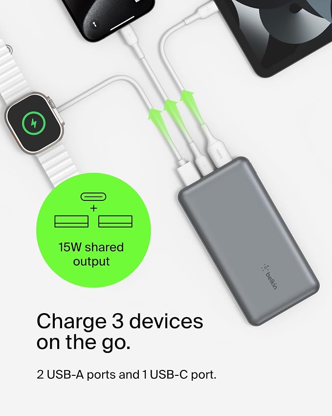 Belkin 10000mAh 15W 3 Port Power Bank, USB A to USB C Cable Included | Fast Charging, iPhone 17, Samsung Galaxy, Pixel, Airpods, iPad, Nintendo Switch 2, Battery Pack, USB C Port, USB A Port - Image 4