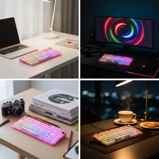RisoPhy Wireless Mechanical Gaming Keyboard, Tri-Mode, RGB Backlit, Pink | Bluetooth/Wireless/Wired, Transparent Keyboard Clear, 81-Key Hot-Swappable Anti-Ghosting Compatible for Computer, PC/Mac - Image 6