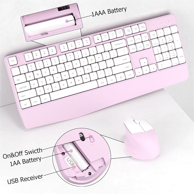 Ergonomic Wireless Keyboard and Mouse Combo with Wrist Rest (White Pink) | COVEVA Full Size Keyboard with 12 Dedicated Shortcuts, Smart Auto-Sleep, 2.4GHz Receiver, Natural Typing for PC Laptop - Image 6