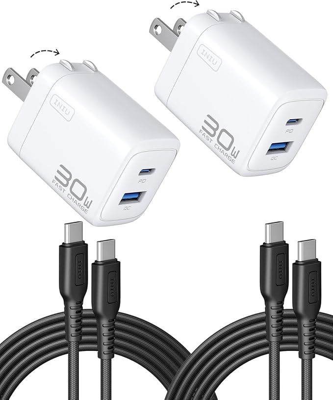 INIU Mini USB C Charger, 30W GaN Fast Charging ETL Certified Wall Adapter Block with Smart Phone Protection, Dual Port with 5ft Type C Cable for iPhone 17 iPad Samsung Google Switch etc [2-Pack White] by INIU