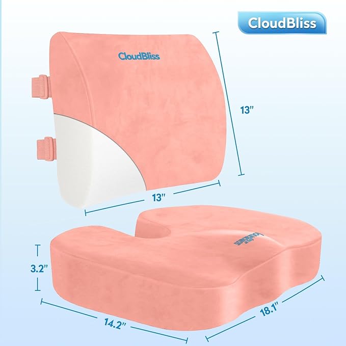 CloudBliss Ergonomic Seat Cushion & Lumbar Support Pillow Set, Pink, Large | Back Pain & Sciatica Relief, Memory Foam Support, Adjustable Straps, Machine Washable Velvet, Perfect for Office, Car, Gaming - Image 5