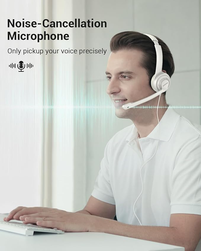 NUBWO HW02 USB Headset with Microphone Noise Cancelling & in-line Control | Ultra Comfort Computer Headset for Laptop pc, On-Ear Wired Office Call Center Headphone for Boom Skype Webinars (White) - Image 2