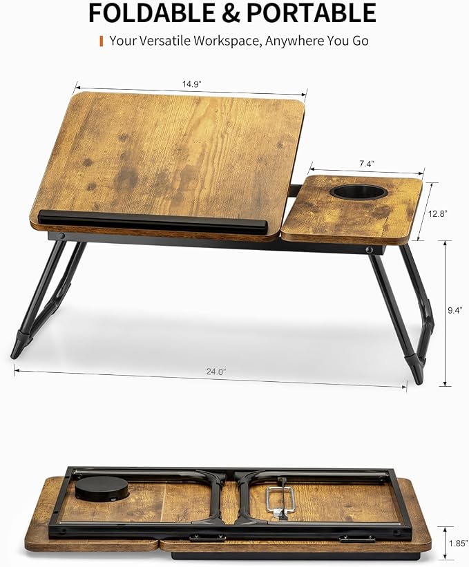 FISYOD Foldable Laptop Desk for Bed Couch, Adjustable Split Lap Desk with Cup Holder, Portable Lightweight Bed Table Tray, Heavy-Duty Laptop Stand for Working, Writing, Reading and Eating - Brown - Image 2