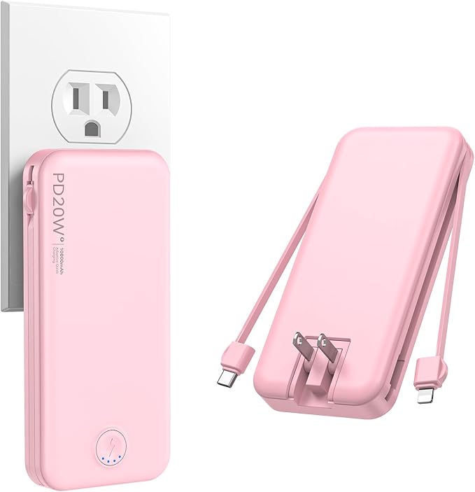 Nusyddy Portable Charger 10000mAh Fast Charging w/Built-in Wall Plug Pink | PD20W Fast Charging, LED Indicator, Pass Through Charging, TSA Approved, Compact/Slim, Power Bank for iPhone/iPad/Samsung by NUSYDDY