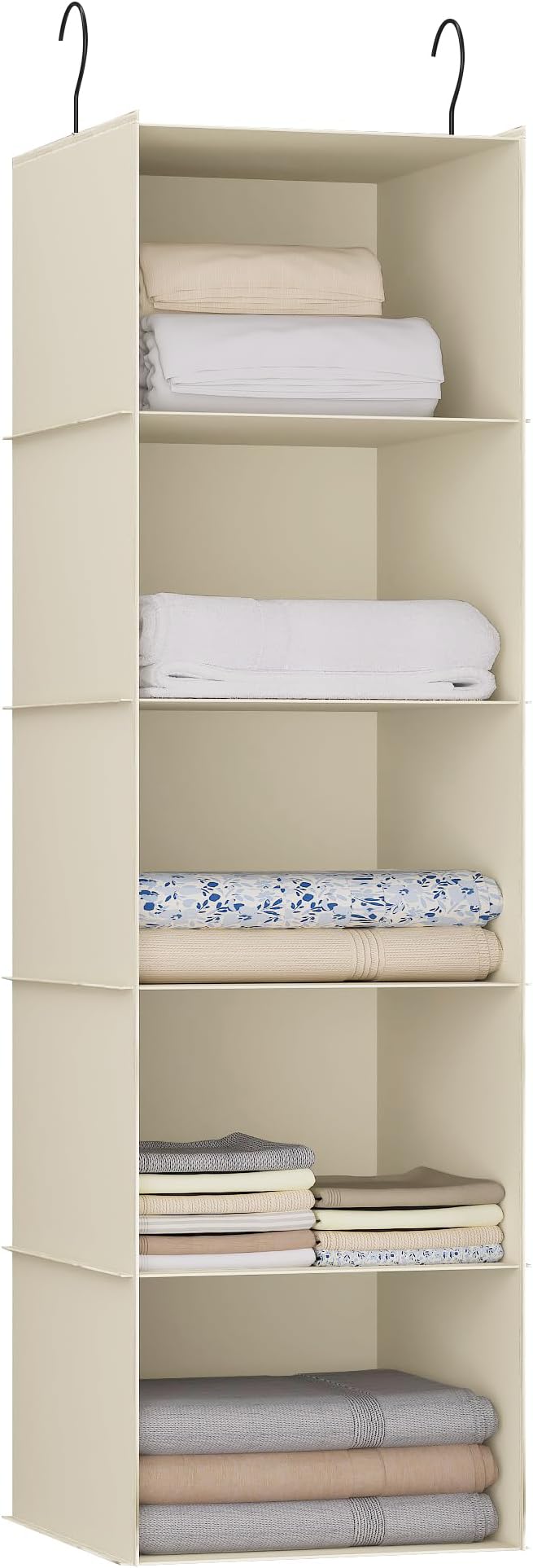 Hanging Closet Organizer 5-Shelf, Oxford Fabric Wardrobe Storage, Beige | Easy-mount foldable design holds clothes, handbags, shoes & accessories; washable Oxford fabric, sturdy and space-saving. by DonYeco