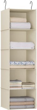 Hanging Closet Organizer 5-Shelf, Oxford Fabric Wardrobe Storage, Beige | Easy-mount foldable design holds clothes, handbags, shoes & accessories; washable Oxford fabric, sturdy and space-saving. by DonYeco