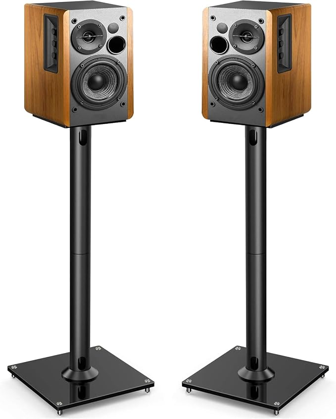 PERLESMITH Universal Floor Speaker Stands for Surround Sound up to 22 lbs | Bookshelf Speaker Stand 27.56‘’, 45° adjustable top plate, tool-free assembly, cable management, rubber isolation pads by PERLESMITH