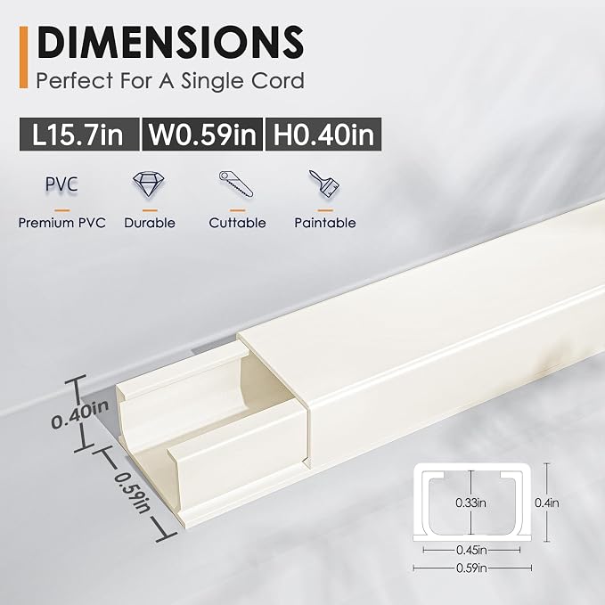 Delamu 236in Cord Hider, One-Wire Cord Covers for Wires on Wall, Easy-to-Install Cable Hiders for Mounted Tv, Cable Management Kit, Cable Raceways, W0.59 H0.4in, Beige - Image 2