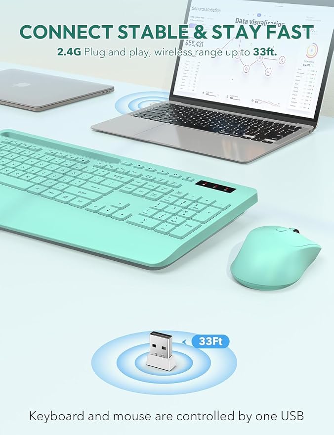 Wireless Keyboard and Mouse Combo, 2.4GHz, Ergonomic Wrist Rest | Full Size, 3-Level DPI, Phone Holder, Silent Typing, KM23D Batteries Powered Set for PC, Laptop, Windows, macOS (Mint Green) - Image 4