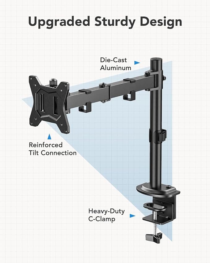 HUANUO Single Monitor Mount, Monitor Arm for 13”-32” Monitors up to 17.6 lbs, Adjustable Stand with 16” Max Height, Desk Mount with C-Clamp and Grommet Base, VESA 75x75mm or 100x100mm | 16 inch height, full-motion adjustment, C-clamp or grommet mountin... - Image 6