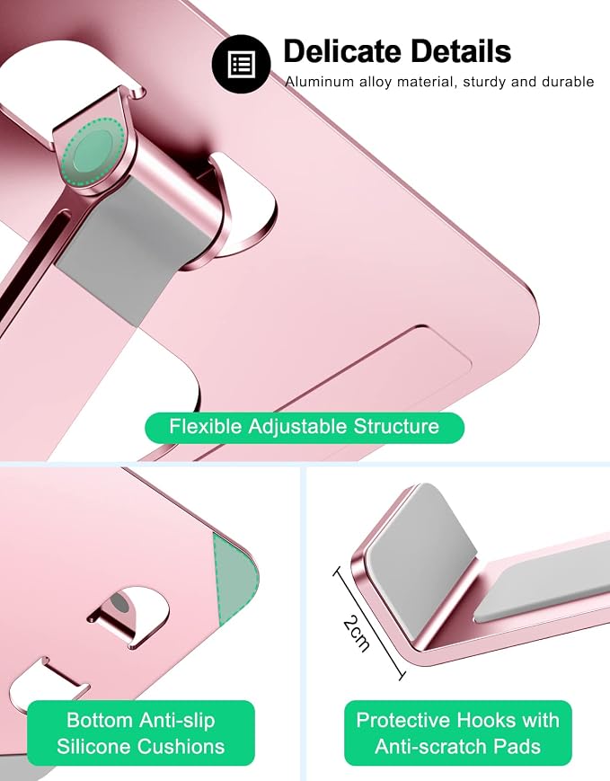 RIWUCT Foldable Aluminum Alloy Laptop Stand for Desk, Height Adjustable Ergonomic Computer Stand, Portable Laptop Riser Holder Printer Stand Compatible with MacBook Pro Air/HP/Dell 10-16", Pink - Image 6