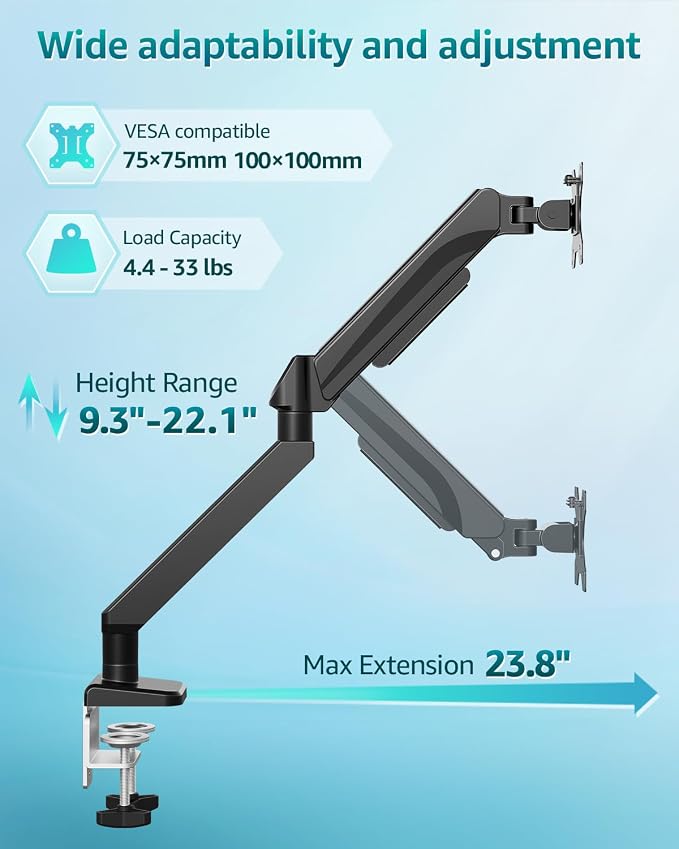 Heavy Duty Single Monitor Arm for Max 42 Inch Hold up to 33 lbs | Monitor Mount Desk Mount Height Adjustable Ultrawide Monitors Stand VESA Mount 70/100 - Image 3