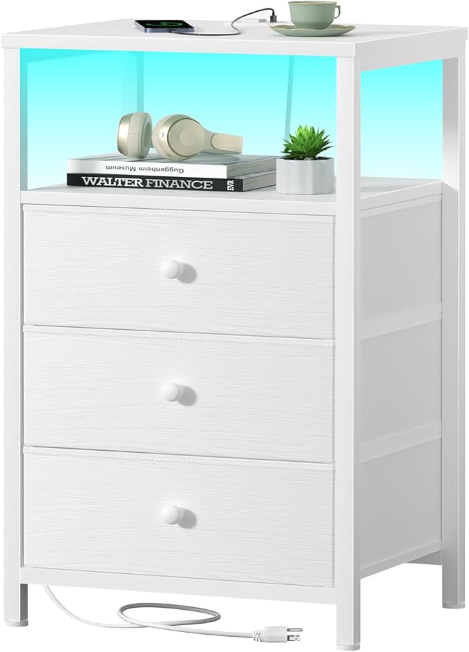 BOLUO White Night Stand with 3 Fabric Drawers, Nightstand with Charging Station LED Nightstand for Bedroom, Bedside Table with USB Ports and Outlets Modern by BOLUO