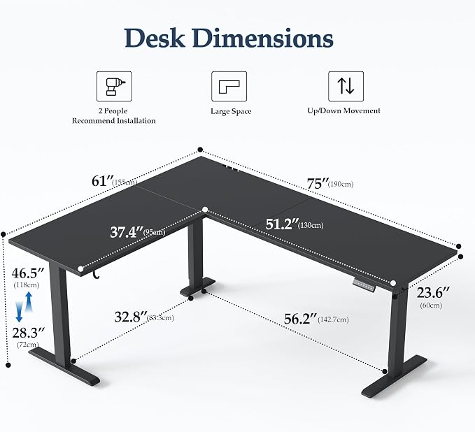 Klicelor L Shaped Standing Desk 75 x 61 Inch, Electric Height Adjustable Corner Desk for Home Office Workstation, Ergonomic Sit Stand Computer Table with Memory Controller, Black - Image 3