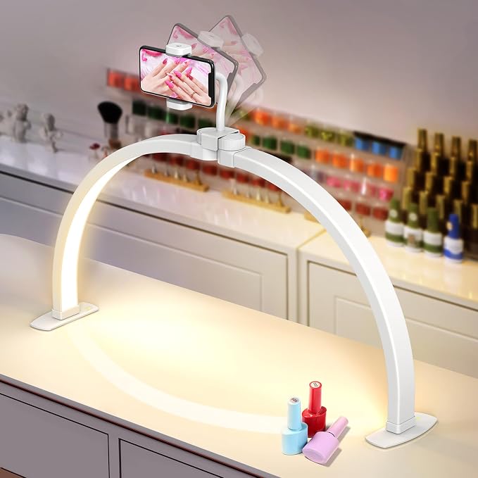 Yokilly Half Moon Light for Nail Desk: 23" Foldable Nail Light for Desk | Arch Nail Tech Light with Phone Holder for Beginner - 3 Color Modes & 10 Brightness for Manicure Salon-White by Yokilly