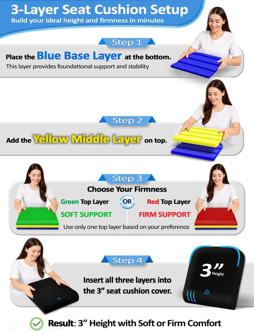 Adjustable Memory Foam Seat Cushion, Custom Height & Firmness, Ergonomic Office Chair Cushion for Coccyx, Sciatica & Tailbone Pain Relief, Car Seat & Wheelchair - Image 4
