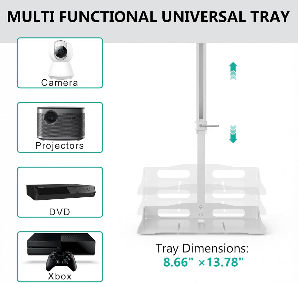 WALI Projector Ceiling Mount Tray, Height Adjustable Wall Mount Holder for Projectors, Hidden Cable Management, Fits Projectors up to 22lbs, 13.7" x 8.6" Platform, White (PM-005-W) - Image 2
