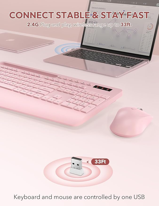 Wireless Keyboard and Mouse Combo, Full Size, Ergonomic Wrist Rest | 2.4G Lag-Free, 3-Level DPI, Phone Holder, Silent Typing, KM23D Batteries Powered Set for PC, Laptop, Windows, macOS (Pink) - Image 4