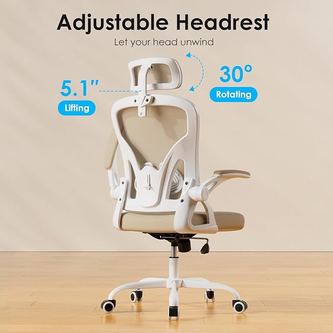 Farini Ergonomic Office Chairs Set of 2, Home Office Desk Chair with Headrest, High Back Swivel Computer Chair with Armrests and Adjustable Lumbar Support for Home Office, White & Khaki - Image 5