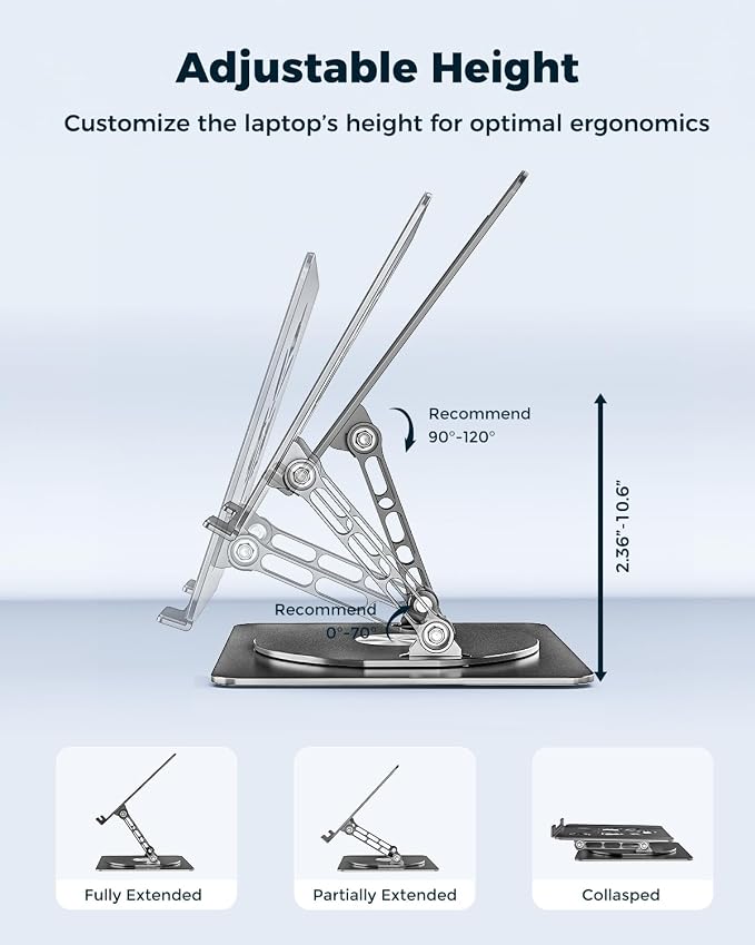 Aoviho 360° Rotating Laptop Stand for Desk | Adjustable, Foldable, Portable Aluminum Ergonomic Riser | Compatible with MacBook, Dell, HP & All Laptops 10-16 inch | Black - Image 2